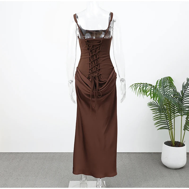 Square Neck Pleated Sling Dress — Off-Shoulder Waist-Cinching Slim Evening Gown