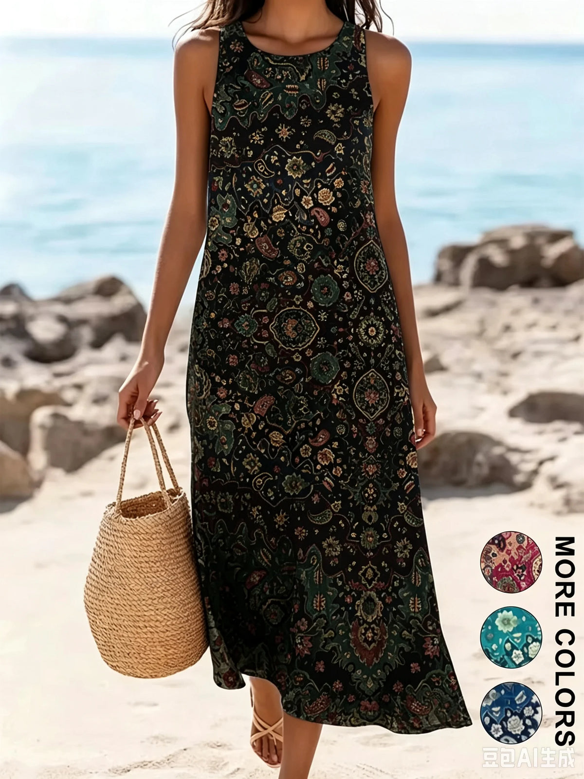 Women's Bohemian Floral Sleeveless MIDI Sundress with Pockets – Loose Sweetheart Beach Dress 2026