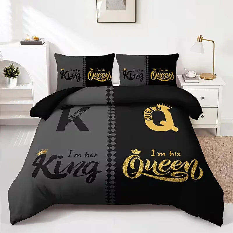 Couples Bedding Set – 3-Piece Letter Print Duvet Cover, Queen & King, Lovers & Spouses