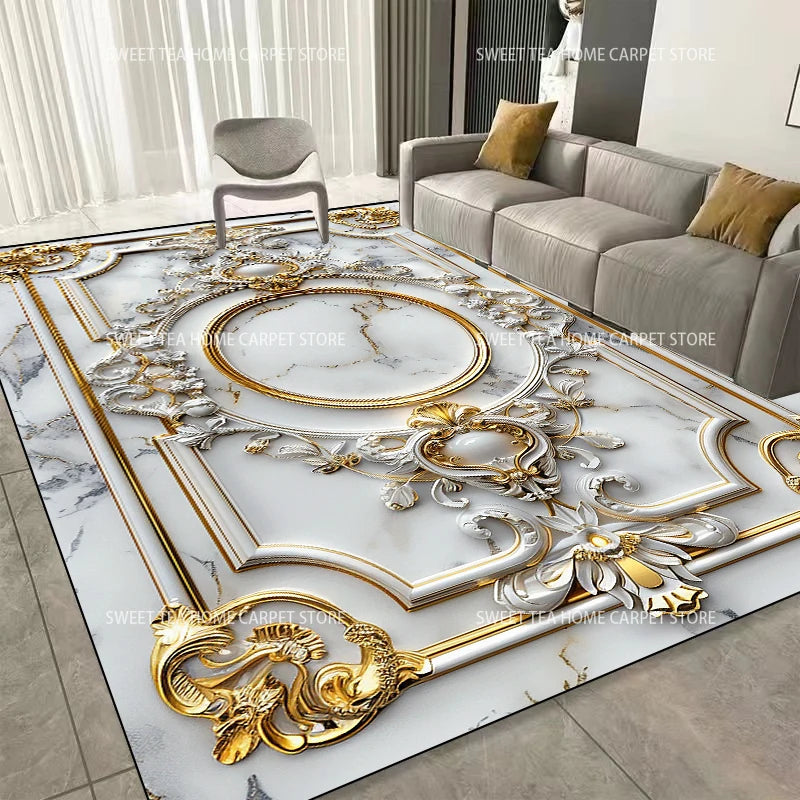 Modern Golden Frame Luxury Carpet – Washable Large Area Rug for Living Room & Bedroom