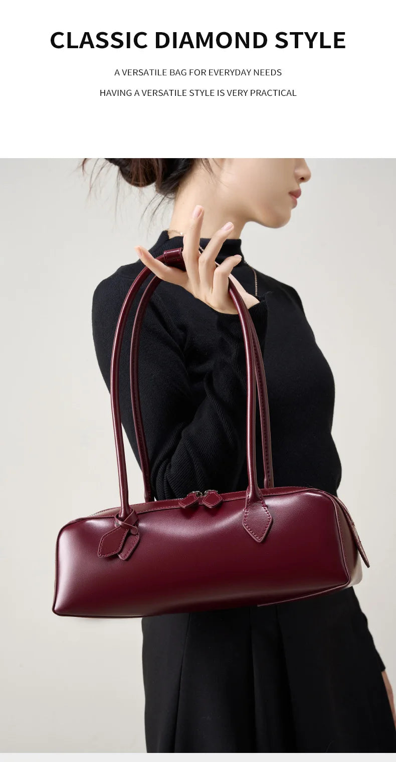 Vintage Genuine Leather Baguette Shoulder Bag – Korean Luxury Underarm Handbag for Women