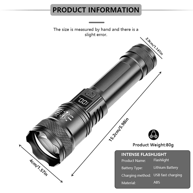 2000 Lumen P50 LED Tactical Flashlight – IP67 Waterproof, Telescopic Zoom, LCD Display, Type-C Rechargeable