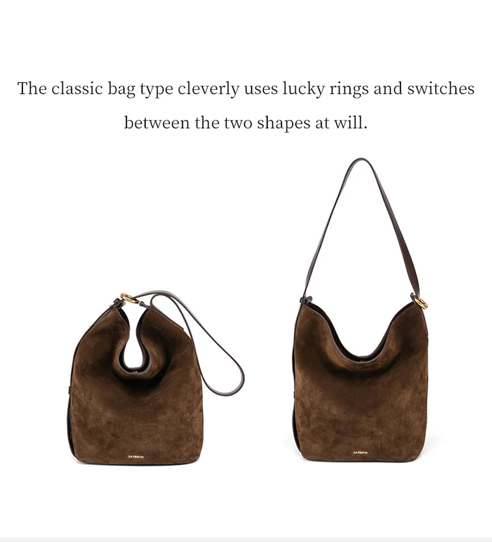 LA FESTIN Genuine Leather Bucket Bag – Designer Crossbody Shoulder Handbag for Women