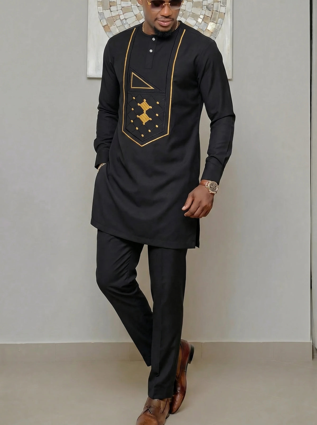 Men's African Kaunda Kaftan Long Sleeve Top & Pants 2-Piece Suit – Traditional Ethnic Wear