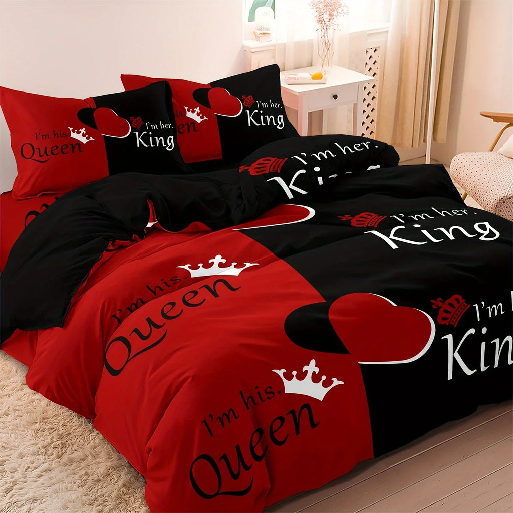 Couples Bedding Set – 3-Piece Letter Print Duvet Cover, Queen & King, Lovers & Spouses