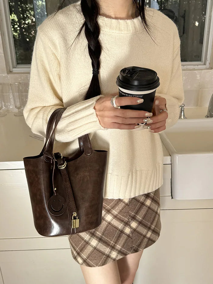 PU Leather Lock Bucket Crossbody Shoulder Bag – Fashion Designer Tote Handbag for Women