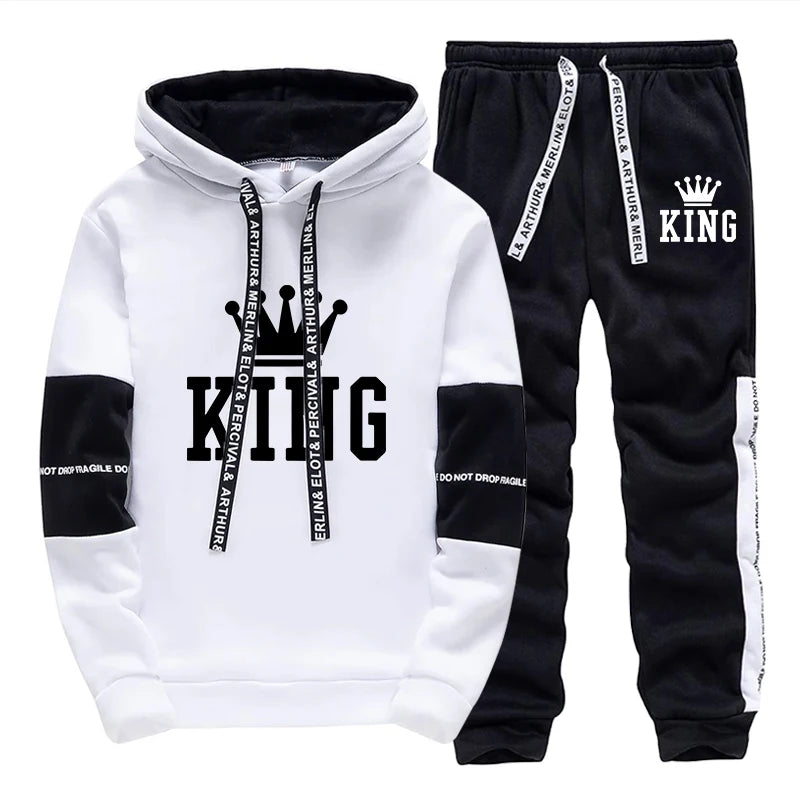Men's King Print Hoodie & Sweatpants Streetwear Tracksuit – Casual Outdoor Sport Set