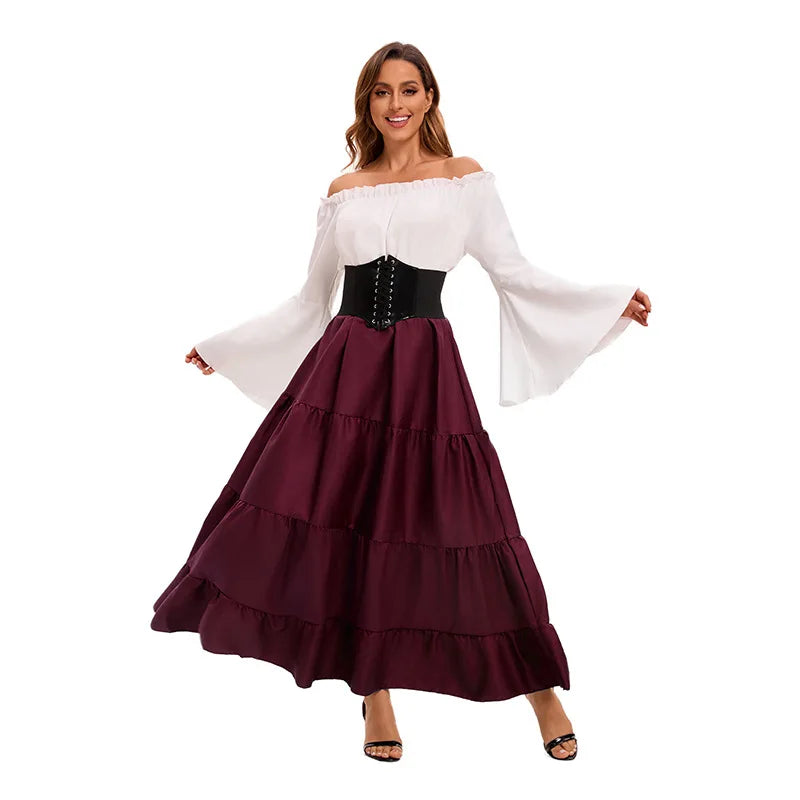 Medieval Renaissance Costume Dress — Off-Shoulder Victorian Queen Outfit with Waist Corset