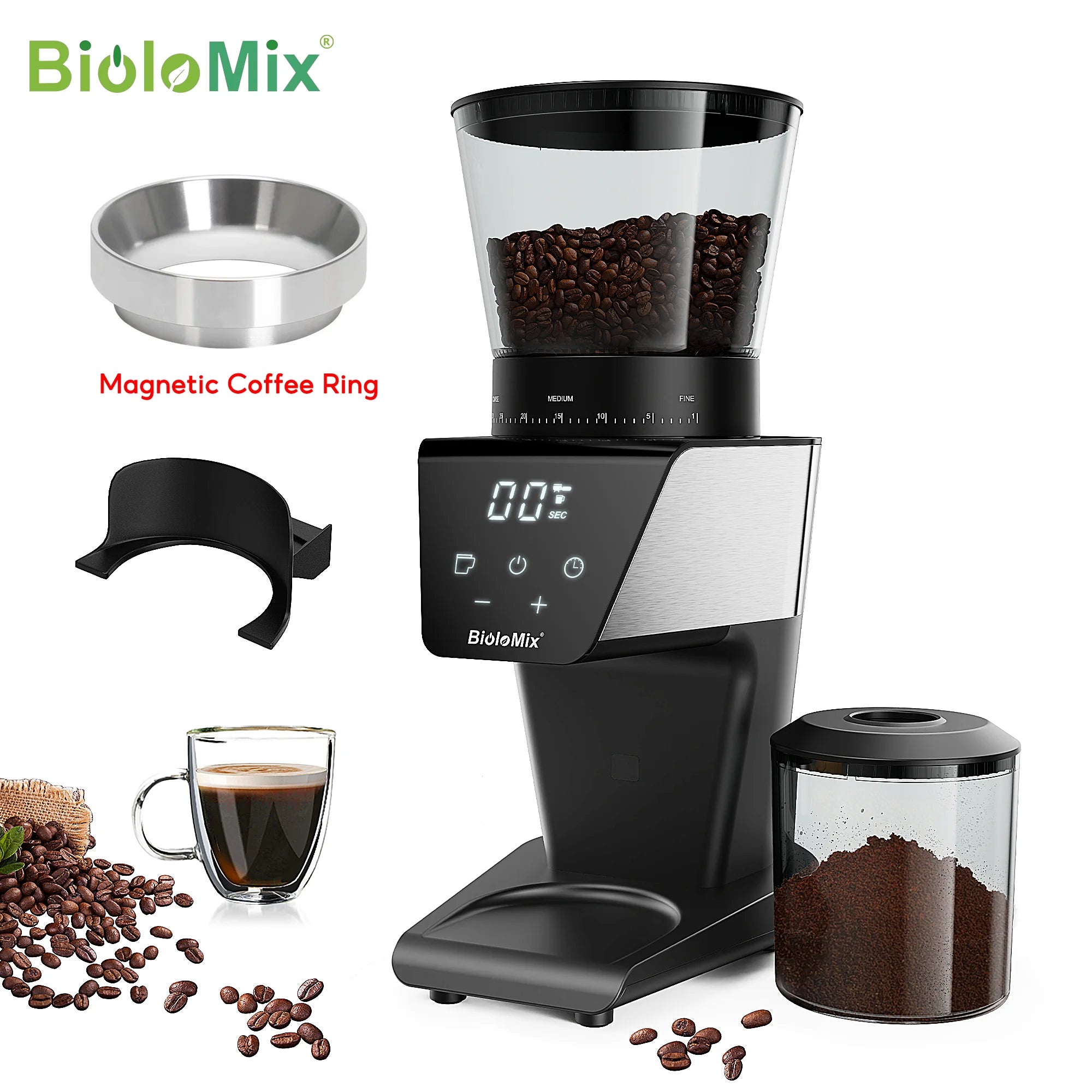 BioloMix Electric Coffee Grinder – 30 Grind Settings, Magnetic Ring, for Espresso, Drip & Pour Over