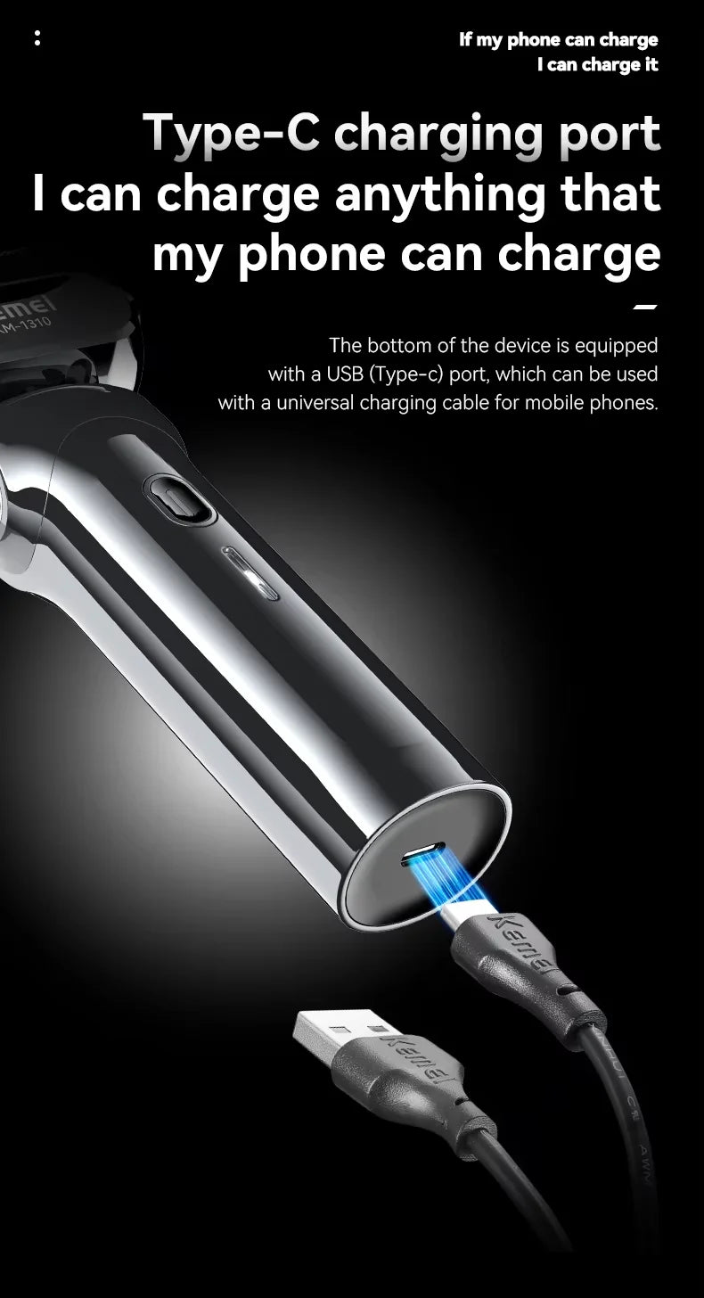 Kemei KM-1310 Rechargeable Men's Electric Shaver – 4-Blade Reciprocating, Wet/Dry, 100-Min Battery