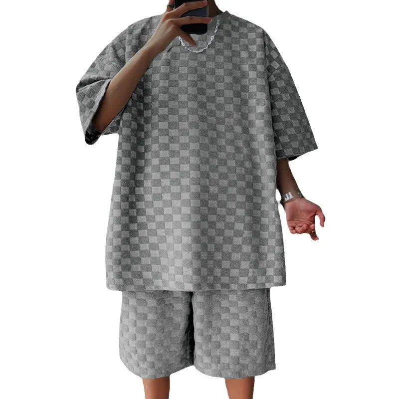 Men's Oversized Chessboard Plaid Shirt & Shorts Set – Loose Summer Leisure 2-Piece