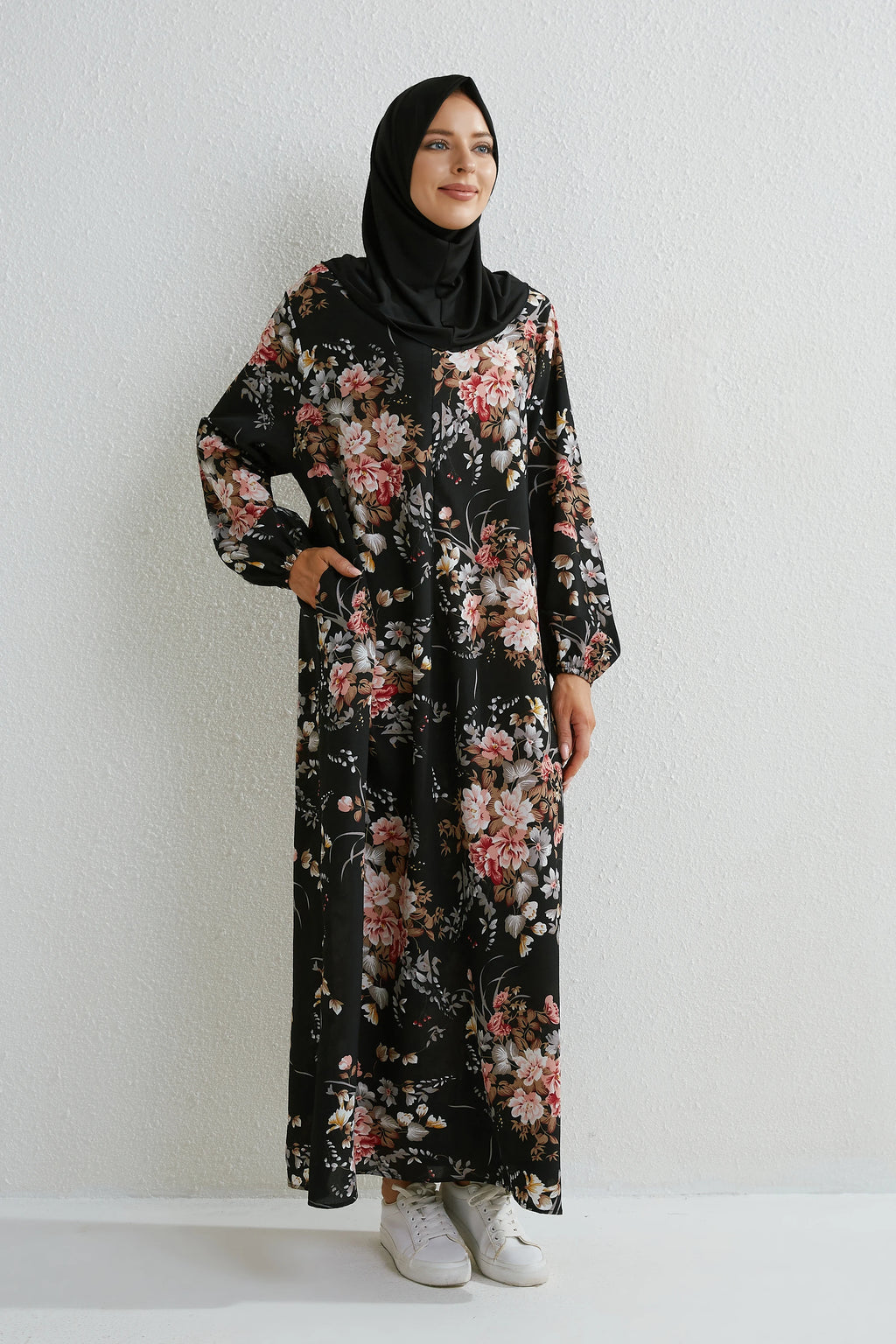 Muslim Floral Printed Full Sleeve Maxi Robe — Loose Modest Long Casual Dress