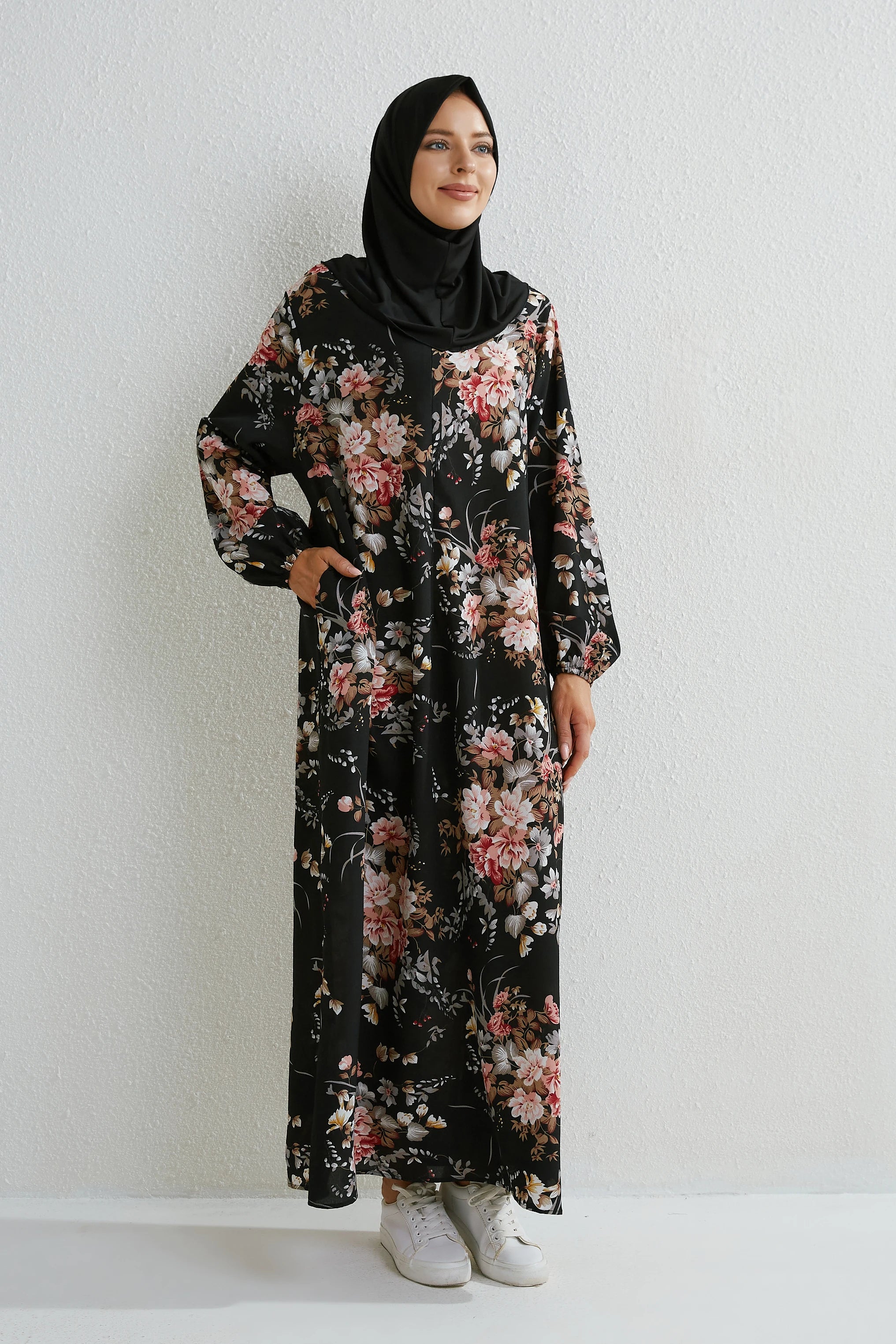 Muslim Floral Printed Full Sleeve Maxi Robe — Loose Modest Long Casual Dress