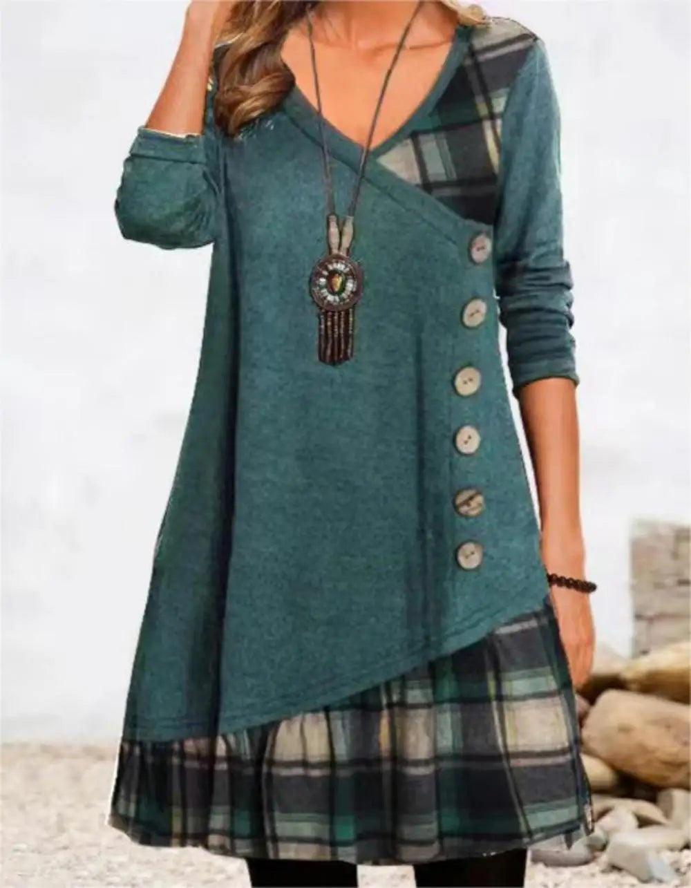 Long Sleeve V-Neck Loose Party Dress — Elegant Button Casual Autumn Winter Dress