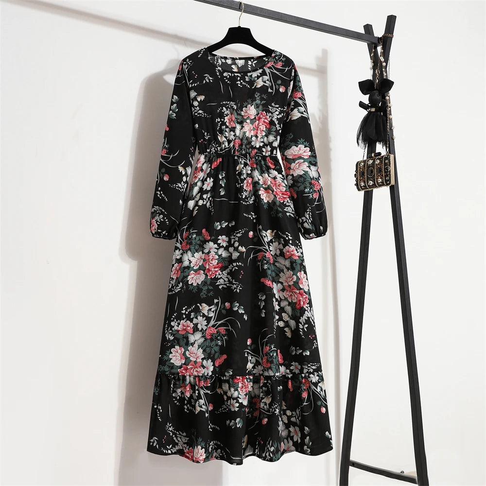 Women Long Dresses Spring Summer Casual Full Sleeve Floral geometry Printed O neck Woman Bohe Beach Party Dress Mujer Vestidos