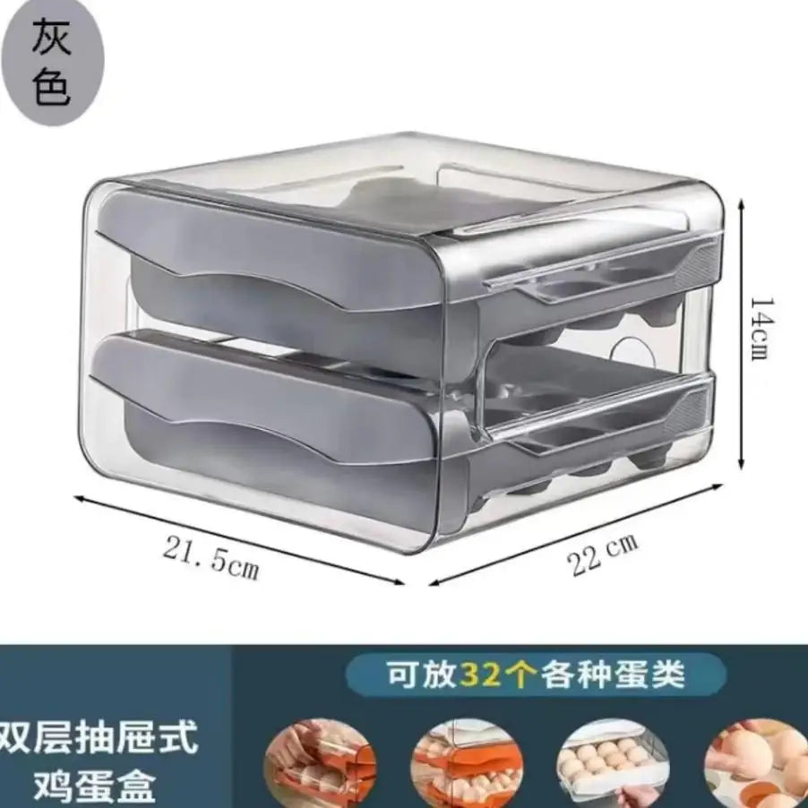 2-Layer Drawer Egg Storage Box – 32-Grid Fridge Egg Organizer, Dust-Proof & Stackable