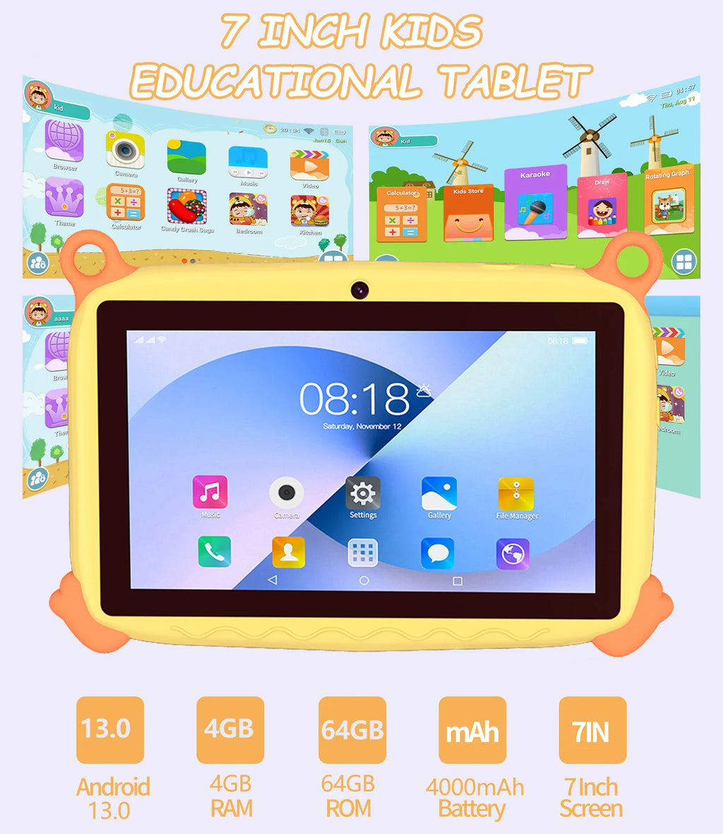 BDF 7" Kids Tablet – 4GB RAM, 64GB, Android 13, 5G Wi-Fi, 1280x800 IPS