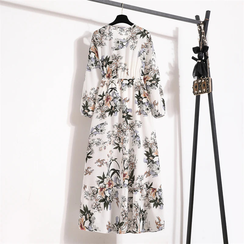 Women Long Dresses Spring Summer Casual Full Sleeve Floral geometry Printed O neck Woman Bohe Beach Party Dress Mujer Vestidos