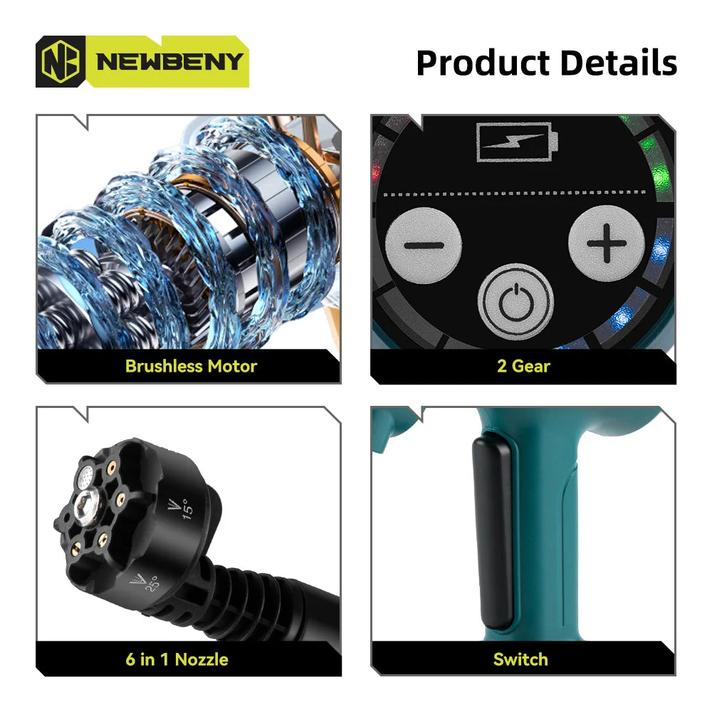 200 Bar Brushless Cordless Pressure Washer Gun – 6-in-1 Nozzle, 18V Battery Compatible