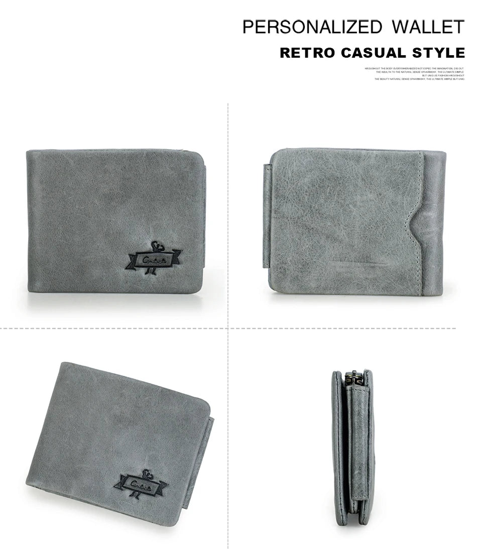 Genuine Cowhide Leather Men's Trifold Wallet – Vintage Crazy Horse Leather Zip Coin Pocket Purse