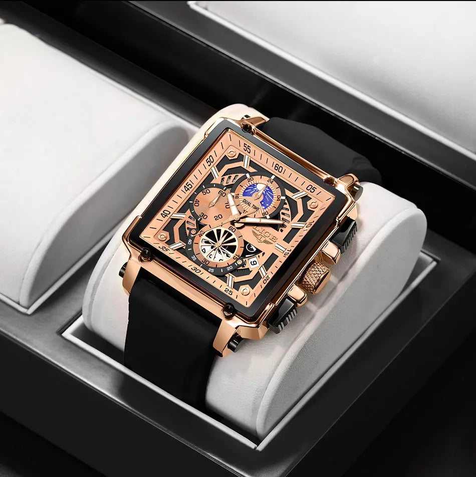 LIGE Men's Hollow Square Sport Watch | Fashion Silicone Strap Waterproof Quartz Wristwatch with Box