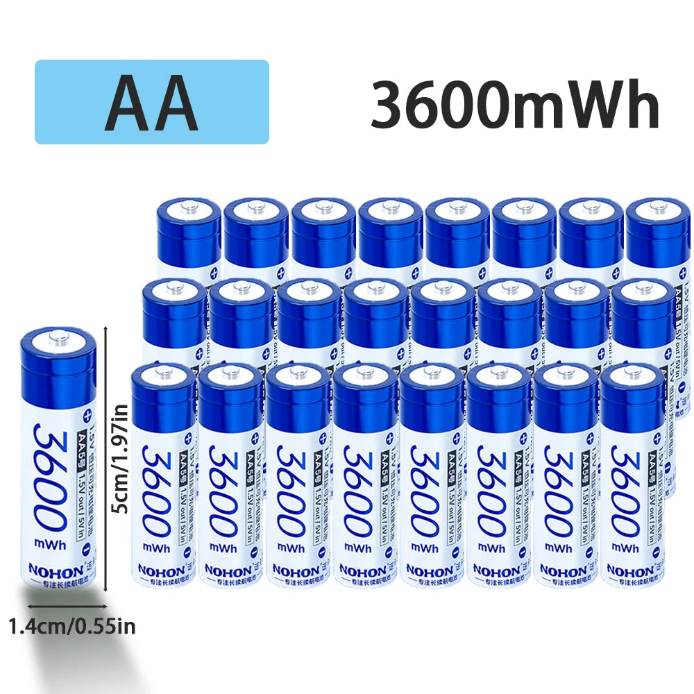 NOHON 1.5V Li-ion Rechargeable AA/AAA Batteries – 3600mWh High Capacity Long Lasting with Battery Charger