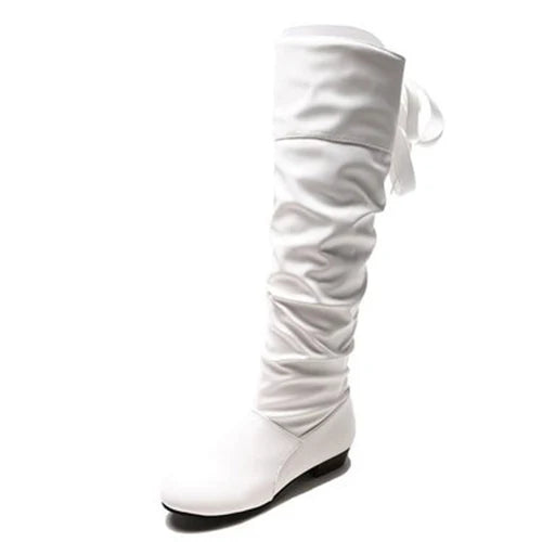 Women's Pleated Knee-High Boots — Low Heel Leather
