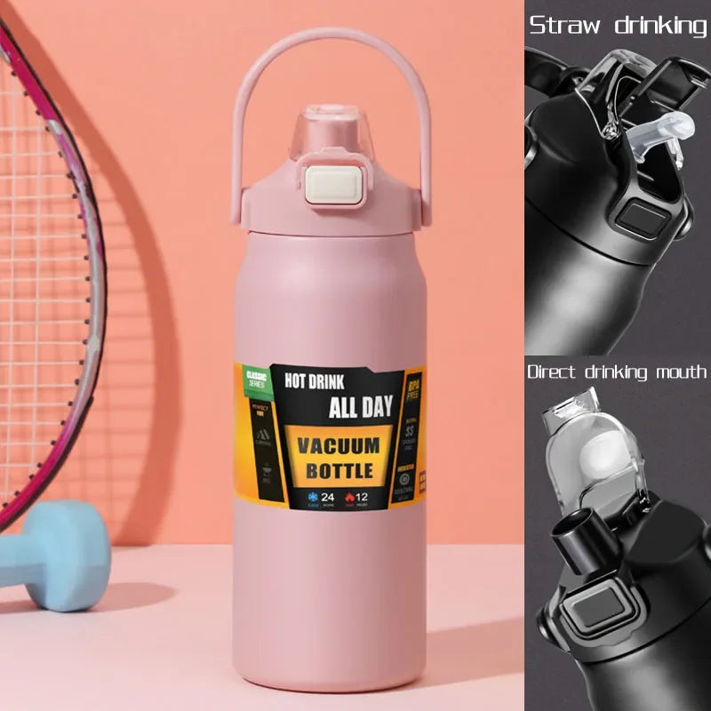Large Capacity Vacuum Thermos Bottle with Handle & Straw – 304 SS, 6–12Hr Insulated, 800ml–1500ml, 16 Colors