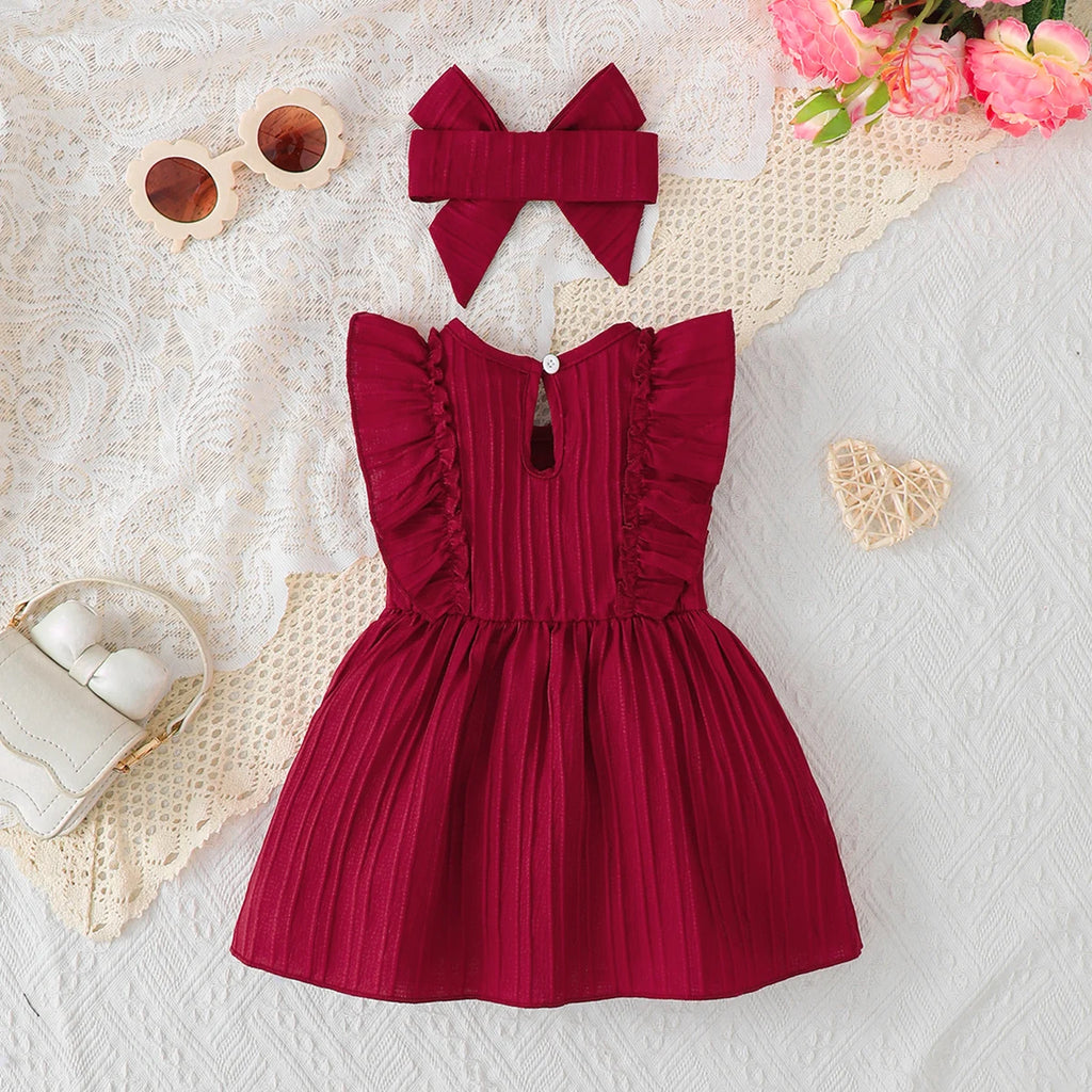 Baby Girl Sleeveless Ruffle Dress + Headband Set – Solid Color Fashion Summer Dress 0-24 Months