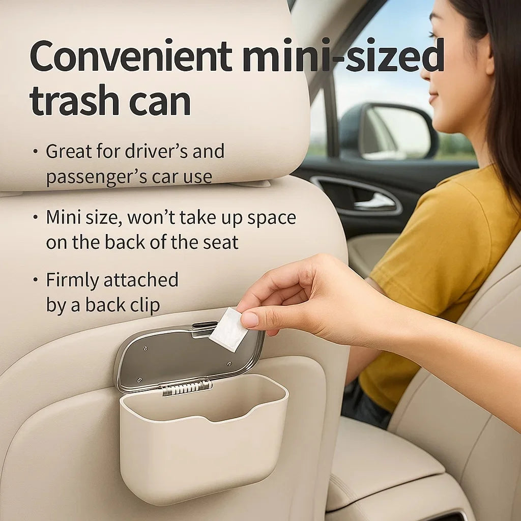 A beige car-seat-mounted mini trash can with a hinged lid and clip, shown in a car interior with a woman placing a small white item into it. Large text on the left reads 'Convenient mini-sized trash can' with bullet points about driver and passenger use.