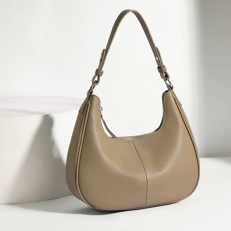 100% Genuine Cowhide Leather Half-Moon Underarm Tote Bag – Crossbody Shoulder Bag for Women