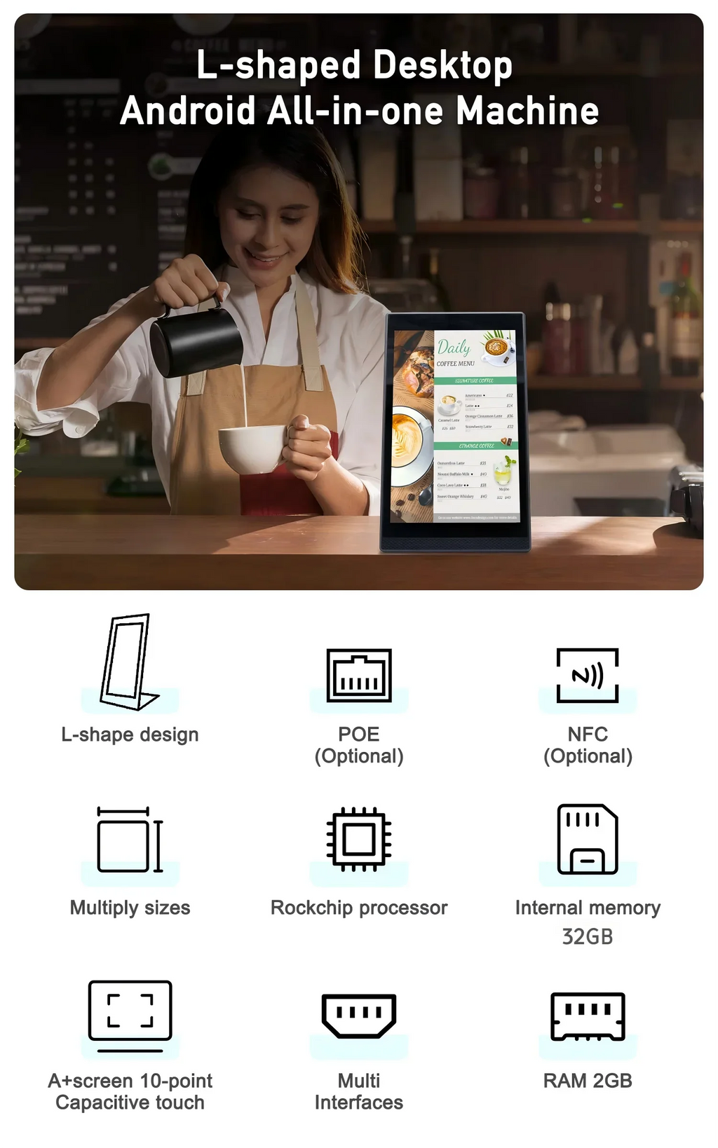 Android 13 Vertical Touch Screen POS Kiosk – 10.1", RK3568, 2GB RAM, Wi-Fi, NFC