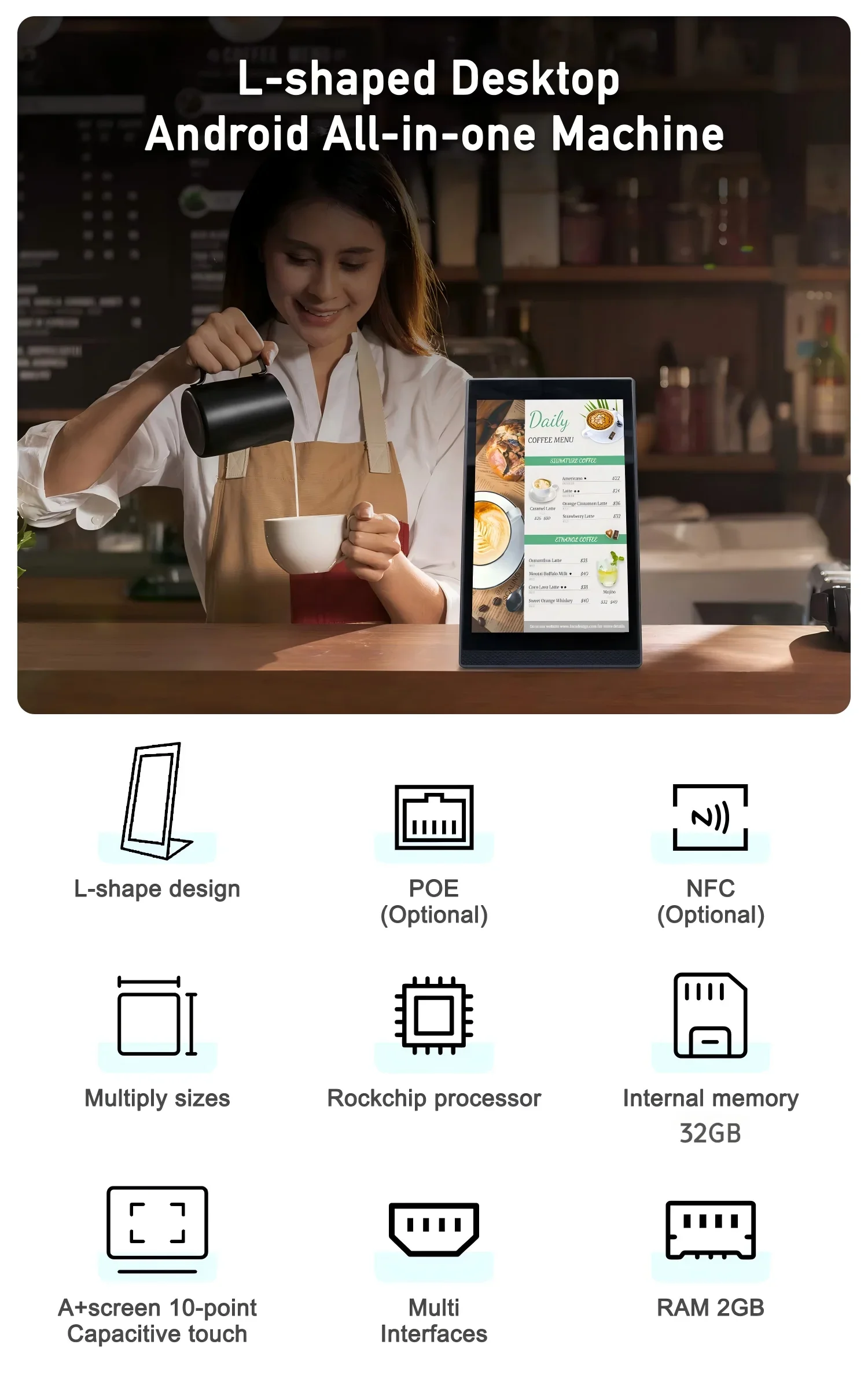 Android 13 Vertical Touch Screen POS Kiosk – 10.1", RK3568, 2GB RAM, Wi-Fi, NFC