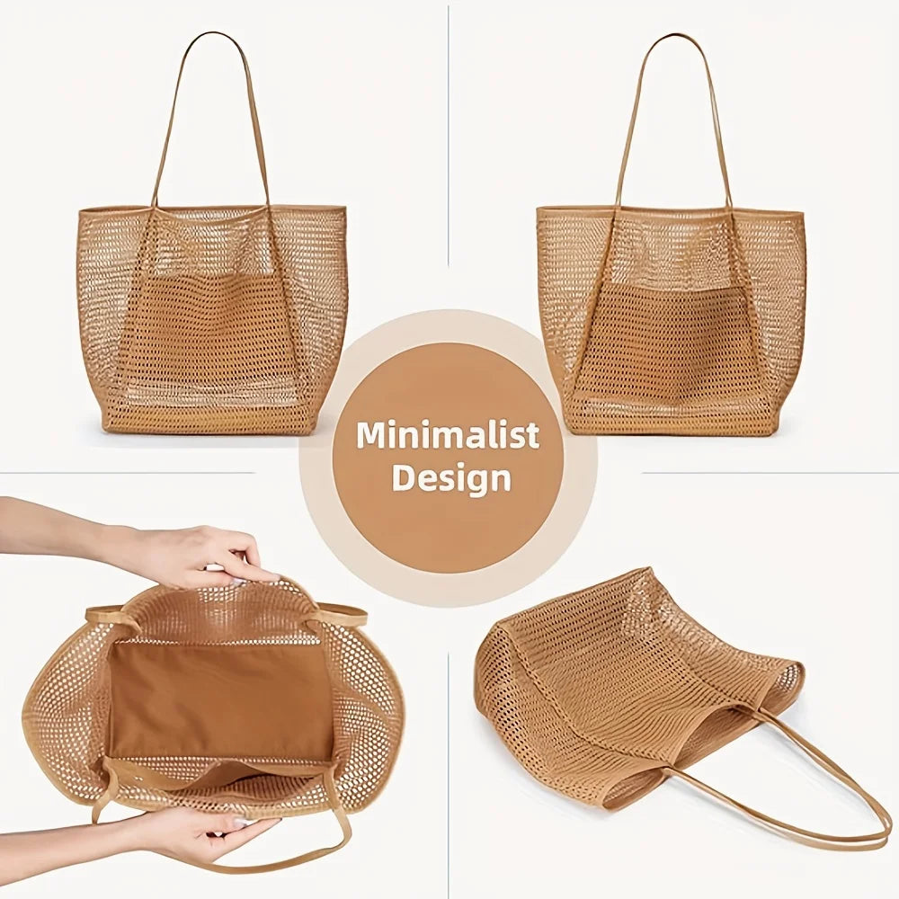Women's Large Capacity Beach Tote Bag – Durable Polyester Woven Shoulder Bag for Travel & Shopping