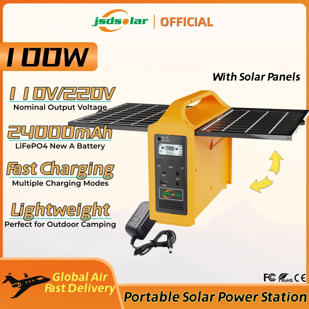 jsdsolar 100W Portable Solar Power Station — AC 110V/220V LiFePO4 Power Bank UPS for Camping & Outdoor