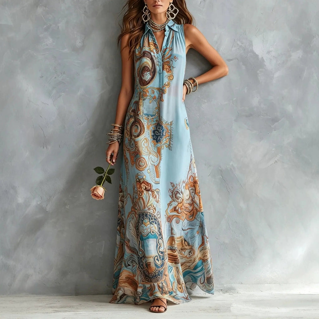 Sleeveless Digital Print Boho Maxi Dress — Turndown Collar Button-Down Casual Summer Dress