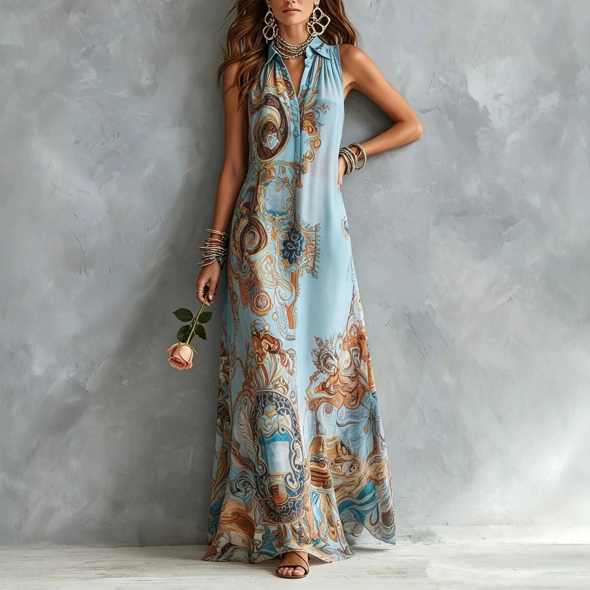 Sleeveless Digital Print Boho Maxi Dress — Turndown Collar Button-Down Casual Summer Dress