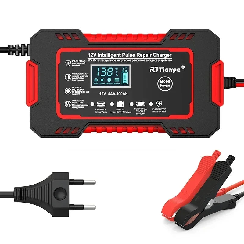 12V 6A Smart Car Battery Charger — LCD Touch Screen Pulse Repair for AGM, GEL & Lead Acid Batteries