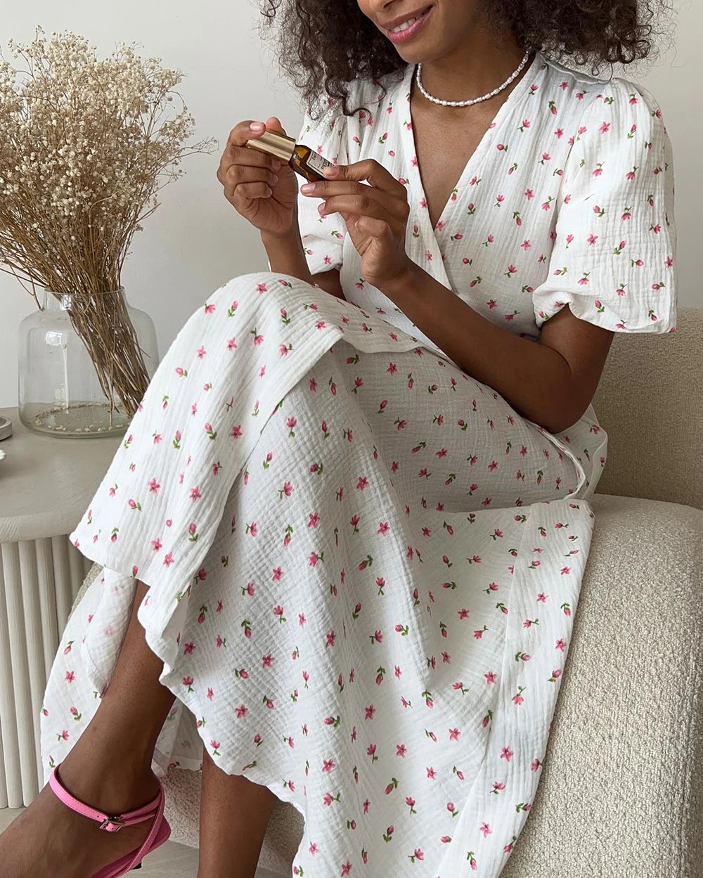 100% Cotton Floral A-Line Midi Dress — Elegant White Summer Dress with Side Slits