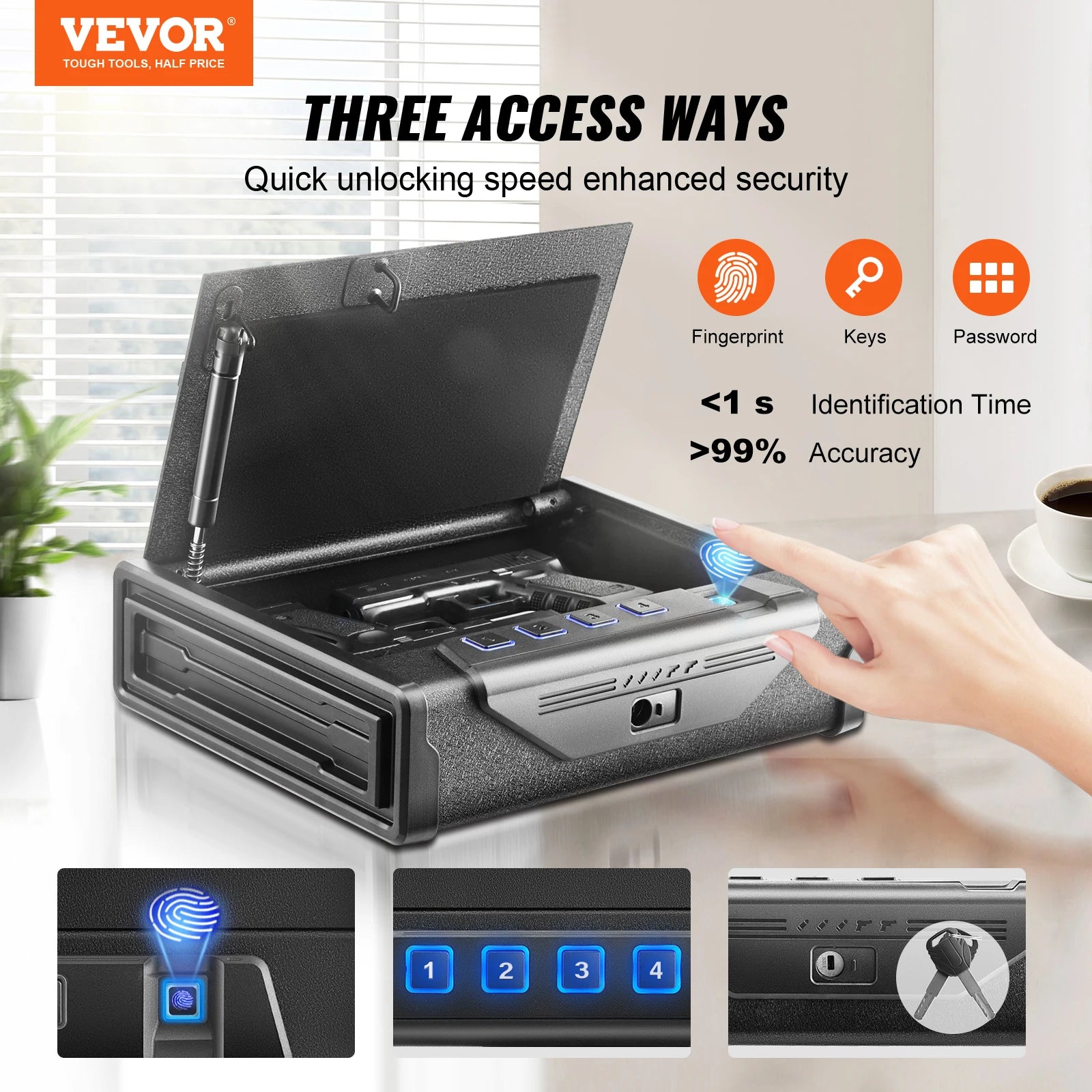 SucceBuy Pistol Safe — Q235 Steel, 3-Way Quick Access, Biometric Fingerprint, LED, Silent Mode