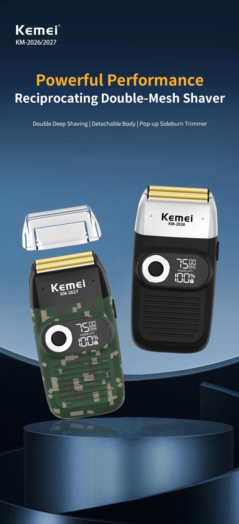 Kemei KM-2026 / KM-2027 Foil Electric Shaver – Dual-Layer Blade, 120-Min Runtime, USB Rechargeable