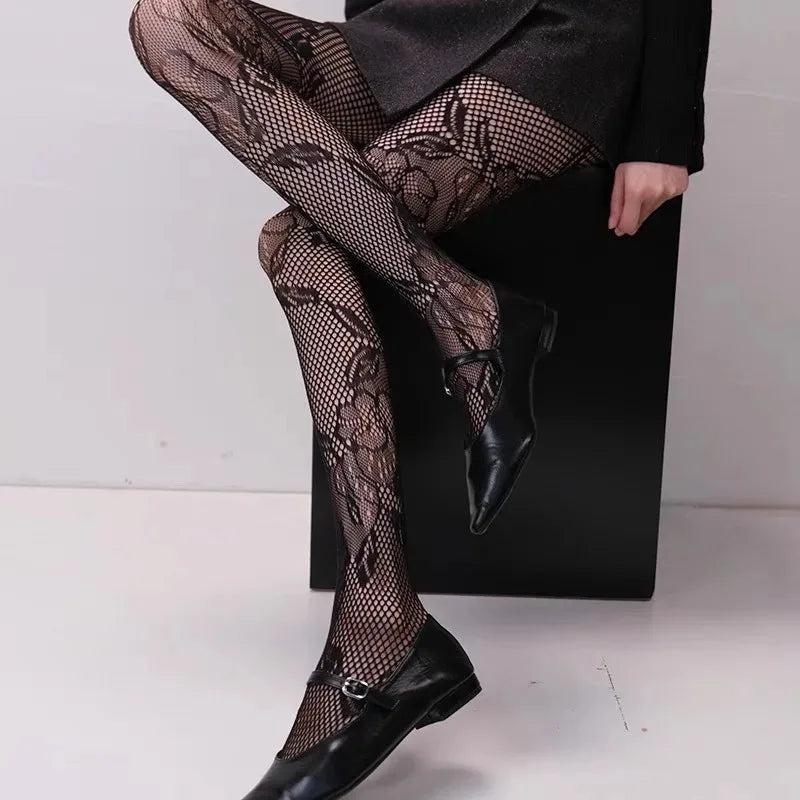 Lolita Floral Thigh-High Fishnet Stockings — Sheer Patterned Hosiery
