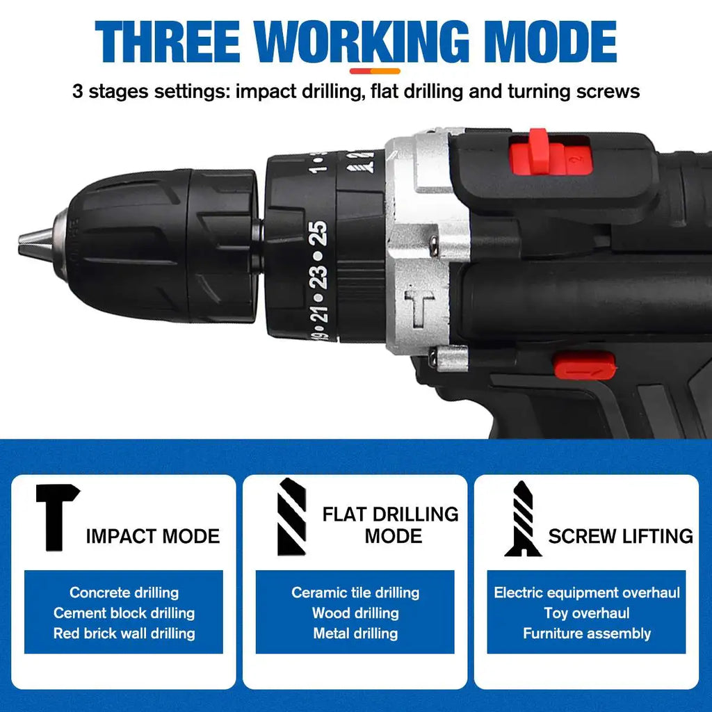 21V Cordless Impact Drill — 25+3 Torque Settings, LED Light & Drill Bits Set Included