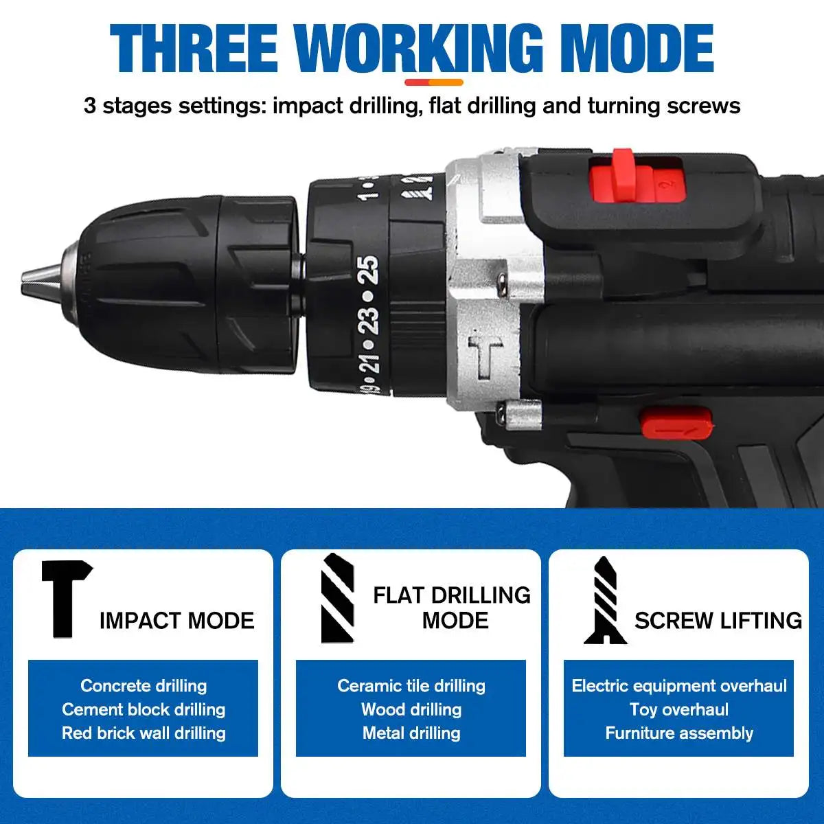 21V Cordless Impact Drill — 25+3 Torque Settings, LED Light & Drill Bits Set Included