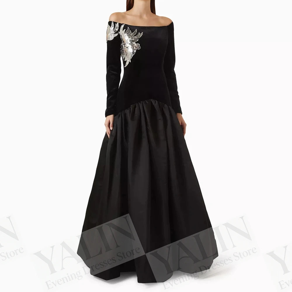 Off Shoulder Sequin Draped Prom Gown — Full Sleeve A-Line Floor-Length Formal Dress