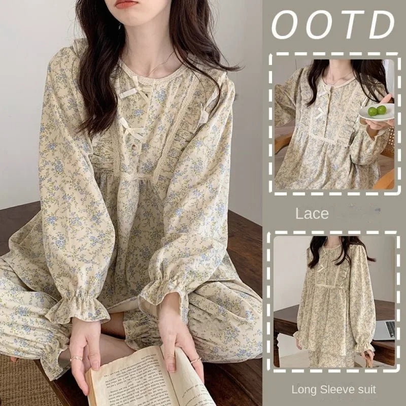 Women's Plus Size Garden Style Pajama Set | Korean Bow Homewear Long Sleeve