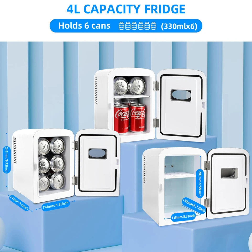 4L Mini Fridge Portable — Car & Home Hot & Cold Dorm Fridge for Cosmetics, Beverages & Skincare Storage