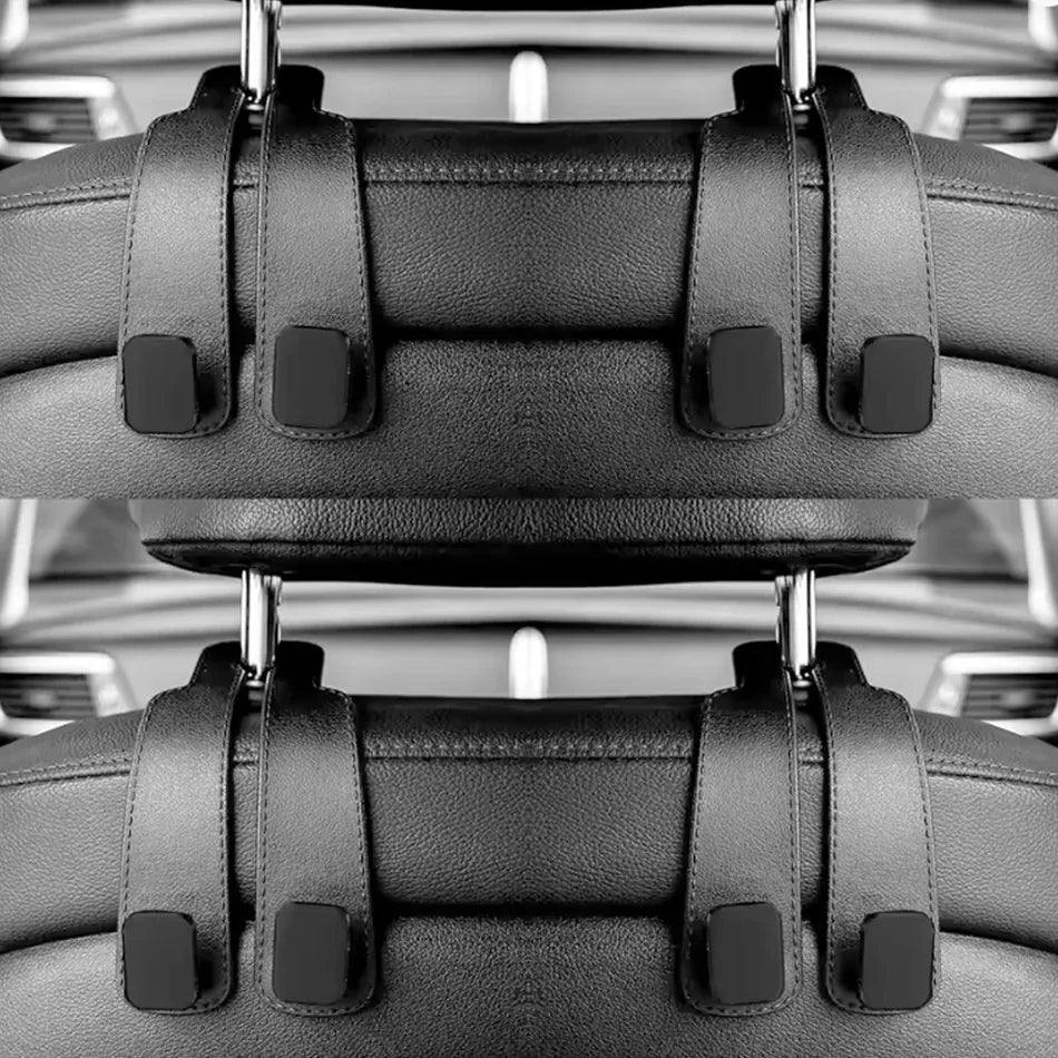 Black car seat headrest organizer straps with four hook-and-loop fasteners, shown attached to two headrests on a car seat.