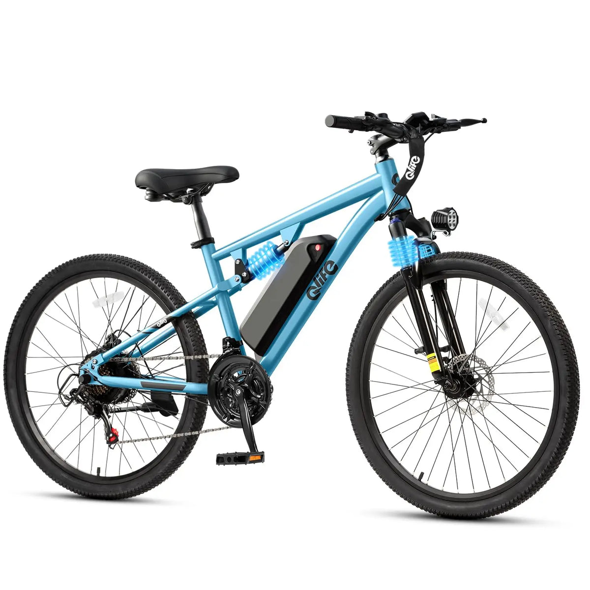 A light blue and black electric mountain bike with a front light, rear suspension, and a central battery pack, shown on a clean white background