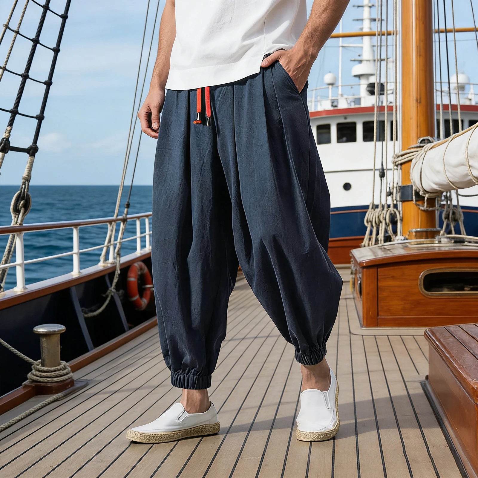 Men's Chinese Style Holiday Beach Pants — Relaxed Fit Printed Vacation Trousers